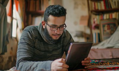 Student lernt euf dem tablet einen Ägyptisch B1 Onlinekurs