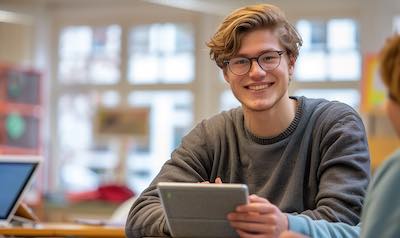 Student lernt Indonesisch mit einem B1 Sprachkurs auf einem tablet