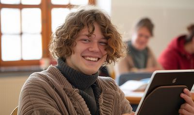 Student lernt Koreanisch auf Level B1 auf seinem Tablet