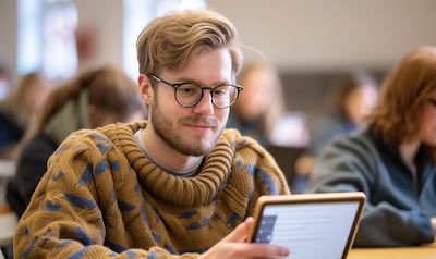 Student lernt Niederländisch auf Niveau B1 an einem Tablet