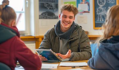 Student lernt Persisch auf Niveau B1 mit einem Tablet