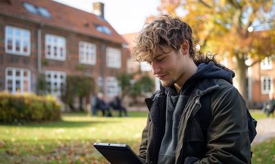 Student lernt Portugiesisch mit einem Tablet auf Niveau B1