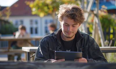 Student lernt mit seinem Tablet einen Russisch Sprachkurs auf Niveau B1