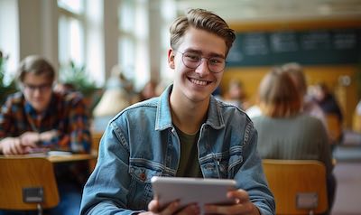 Student nimmt mit seinem Tablet an einem Polnisch B1 Sprachkurs teil
