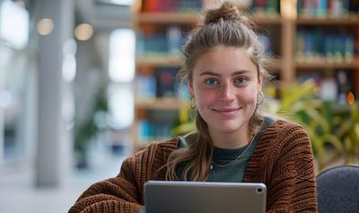 Studentin lernt Slowenisch Niveau B1 Sprachkurs mit ihrem Tablet