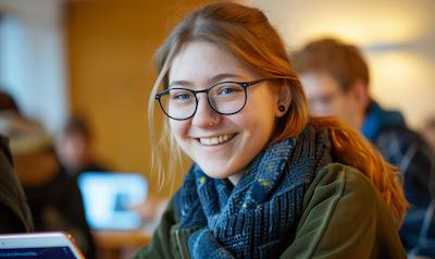 Studentin lernt einen Japanisch B1 Sprachkurs an einem Tablet