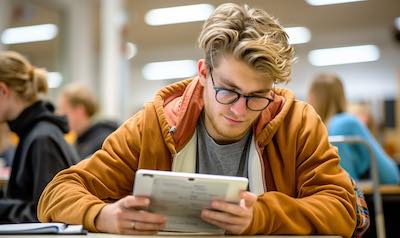 Student lernt Suaheli Niveau B1 auf einem Tablet