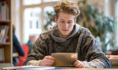 student lernt mit seinem Tablet mit einem Jordanisch Sprachkurs Niveau B1