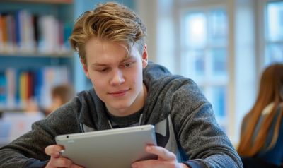 student lernt mit seinem Tablet mit einem Lettisch Sprachkurs Niveau B1