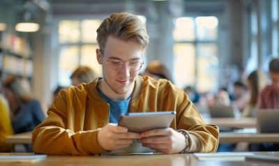 student lernt mit seinem Tablet mit einem Norwegisch Sprachkurs Niveau B1