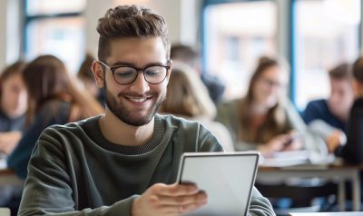 student lernt mit seinem Tablet mit einem Syrisch Sprachkurs Niveau B1