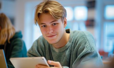 student lernt mit seinem Tablet mit einem Tschechisch Sprachkurs Niveau B1