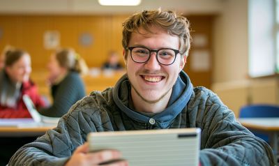student lernt mit seinem Tablet mit einem Tunesisch Sprachkurs Niveau B1