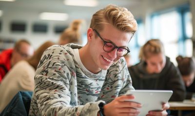 student lernt mit seinem Tablet mit einem Ungarisch Sprachkurs Niveau B1