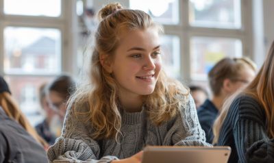 student lernt mit seinem Tablet mit einem Vietnamesisch Sprachkurs Niveau B1